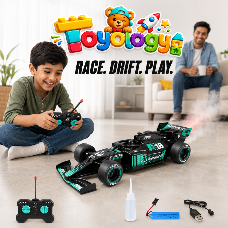 Toyology F1 Spray Drift RC Racing Car with Light, Mist Spray & Stunt Drifting – 1:18 Remote Control Formula Car for Kids  F1 Spray Drift RC Racing Car with Light | Toyology