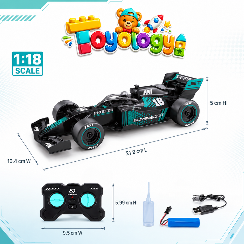 Toyology F1 Spray Drift RC Racing Car with Light, Mist Spray & Stunt Drifting – 1:18 Remote Control Formula Car for Kids  F1 Spray Drift RC Racing Car with Light | Toyology