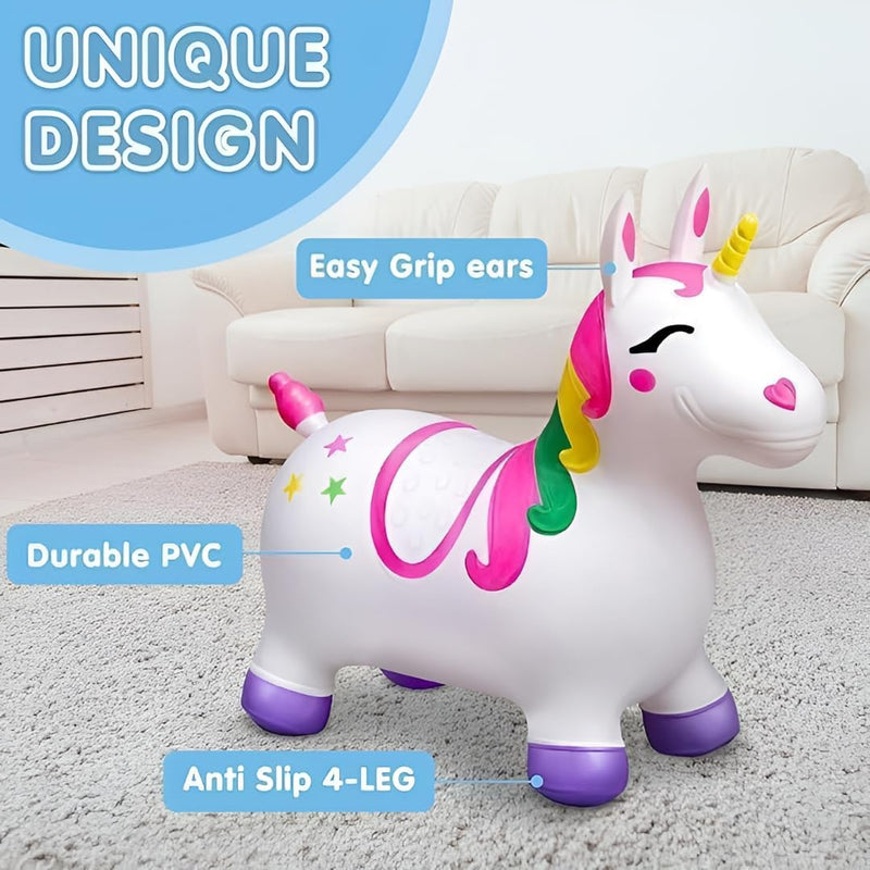 TOYOLOGY Inflatable Unicorn Bouncy Hopper Toy for Kids | Ride-On Jumping Animal Toy with Easy-Grip Ears | Indoor & Outdoor Active Play Toy