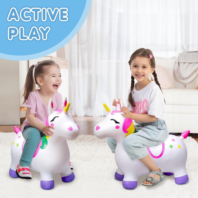 TOYOLOGY Inflatable Unicorn Bouncy Hopper Toy for Kids | Ride-On Jumping Animal Toy with Easy-Grip Ears | Indoor & Outdoor Active Play Toy