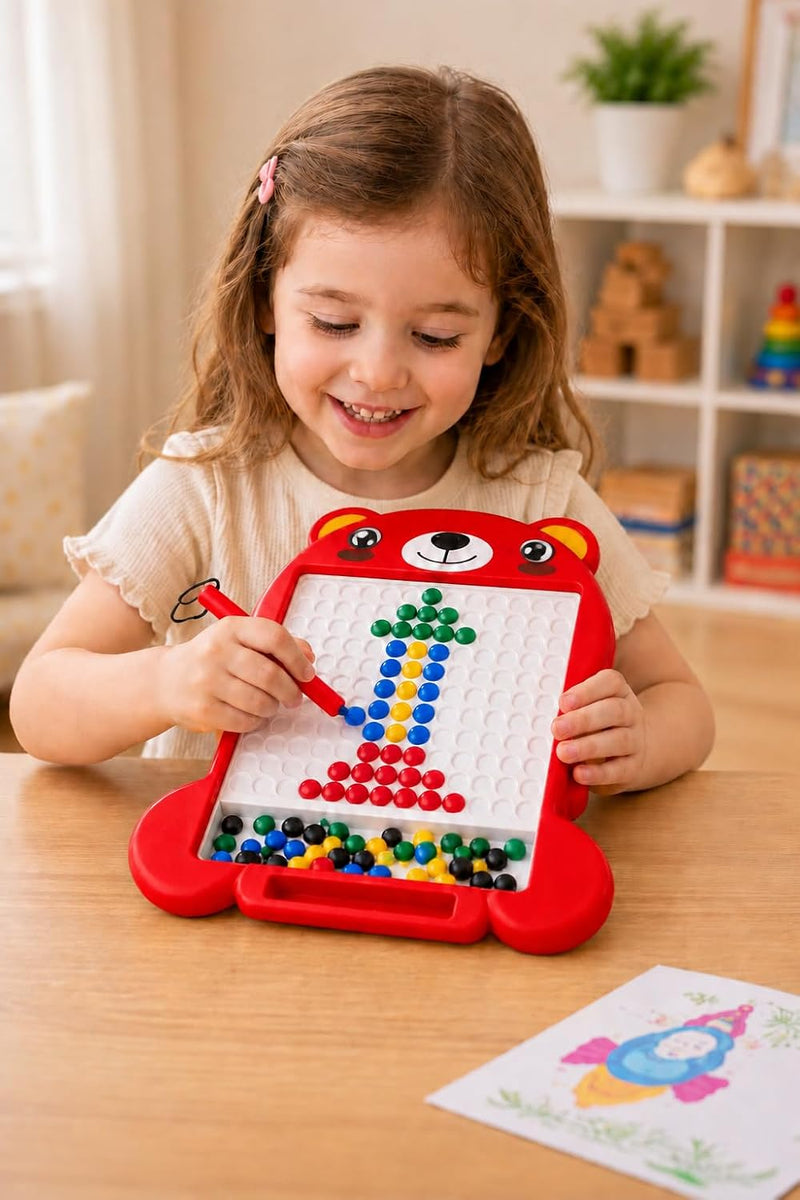 TOYOLOGY Magnetic Beads Drawing Board for Kids with Magnetic Pen | Bear-Shaped Colourful Learning & Creative Puzzle Toy