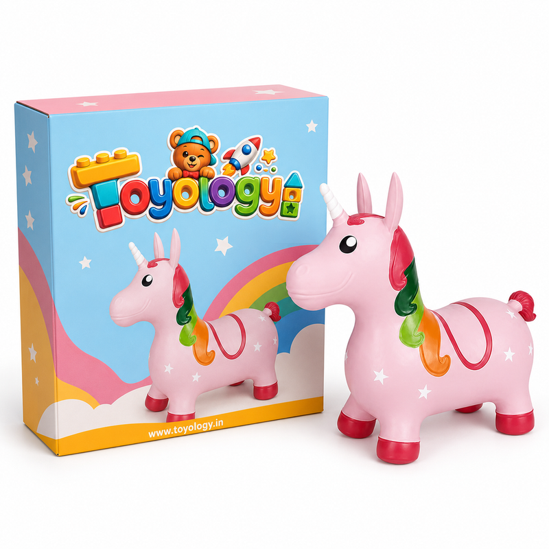 TOYOLOGY Inflatable Unicorn Bouncy Hopper Toy for Kids | Ride-On Jumping Animal Toy with Easy-Grip Ears | Indoor & Outdoor Active Play Toy
