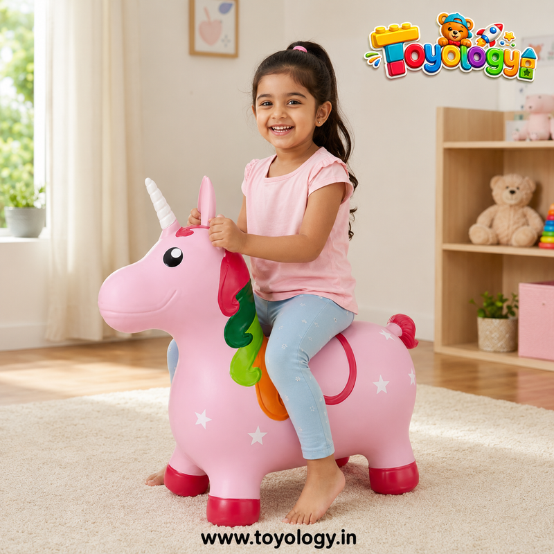 TOYOLOGY Inflatable Unicorn Bouncy Hopper Toy for Kids | Ride-On Jumping Animal Toy with Easy-Grip Ears | Indoor & Outdoor Active Play Toy