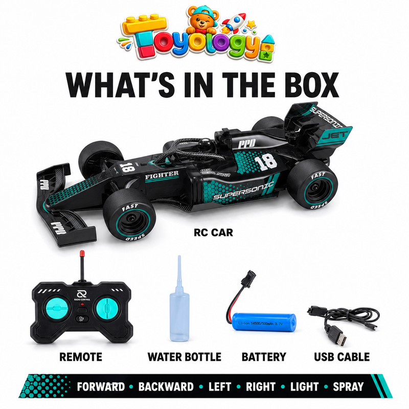 Toyology F1 Spray Drift RC Racing Car with Light, Mist Spray & Stunt Drifting – 1:18 Remote Control Formula Car for Kids  F1 Spray Drift RC Racing Car with Light | Toyology
