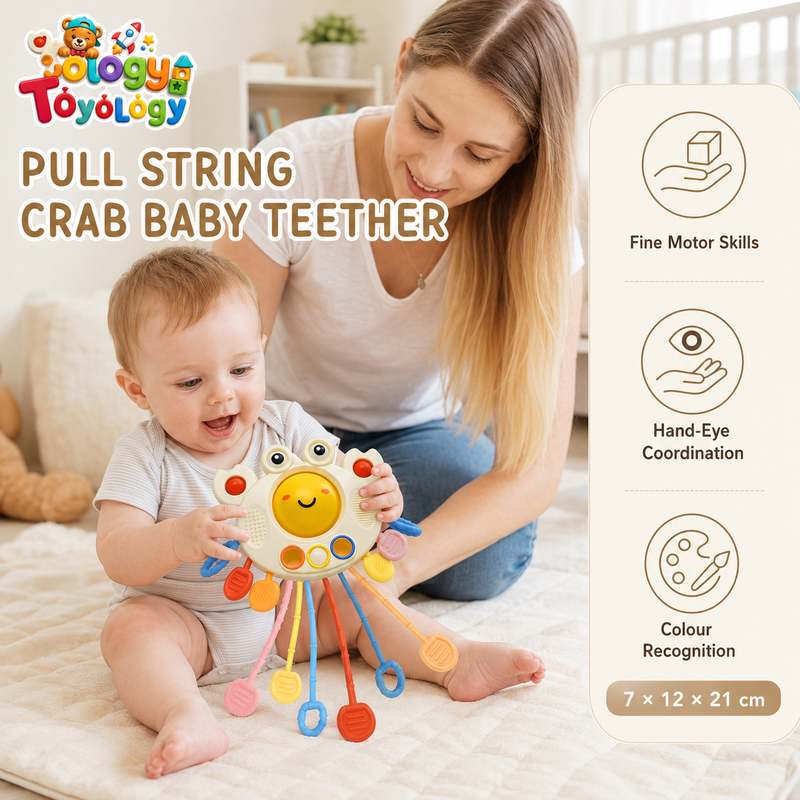 Pull String Crab Baby Sensory Toy | Montessori Teether & Fine Motor Toy | Toyology