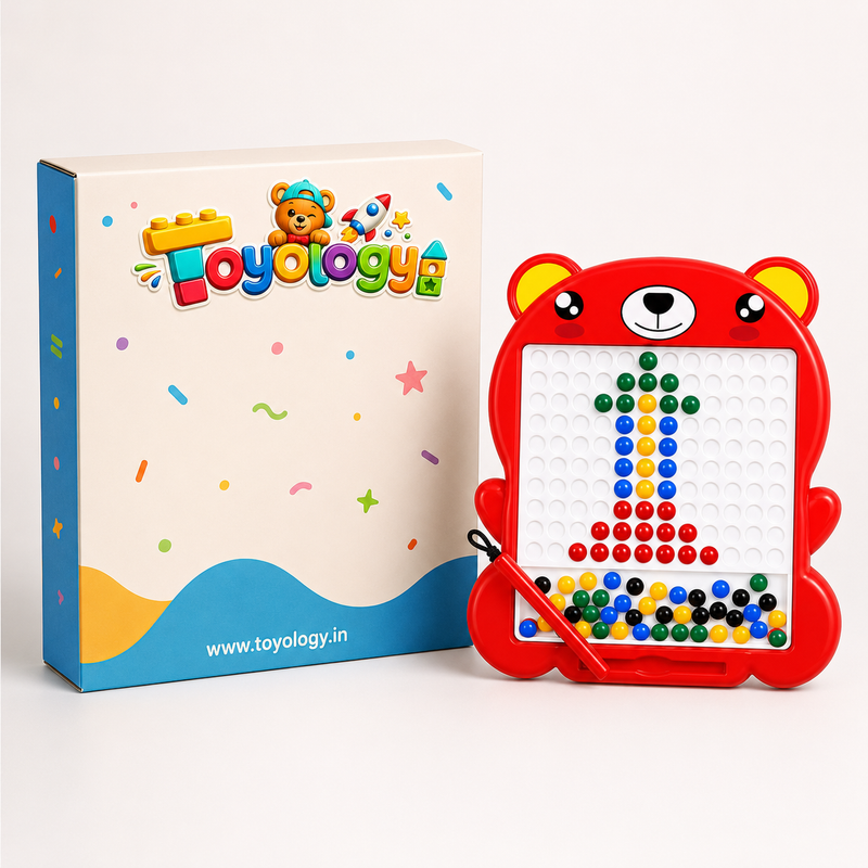 TOYOLOGY Magnetic Beads Drawing Board for Kids with Magnetic Pen | Bear-Shaped Colourful Learning & Creative Puzzle Toy