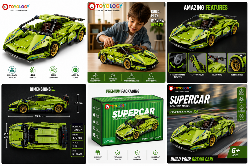 Super Car Block Green Building Set for Kids | STEM Construction Toy |Toyology